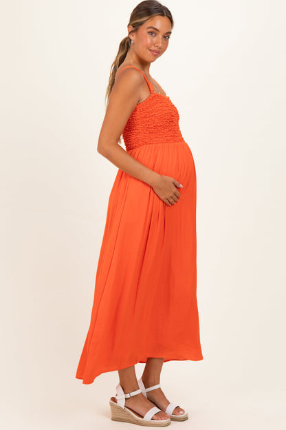 Orange Textured Smocked Maternity Maxi Dress