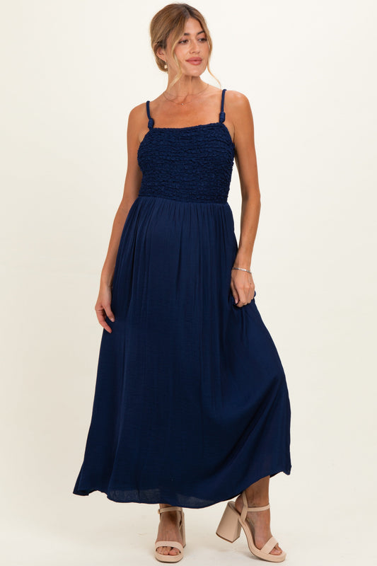 Navy Textured Smocked Maternity Maxi Dress