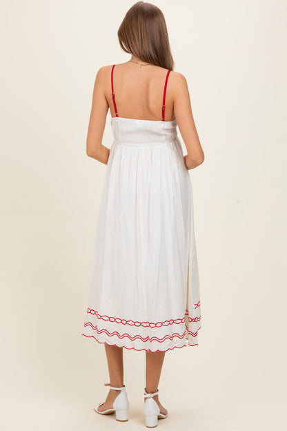 Red Floral Embroidery Scalloped Midi Dress