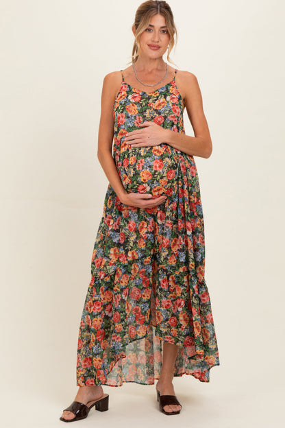 Black Floral Print V-Neck Tiered Maternity Maxi Dress