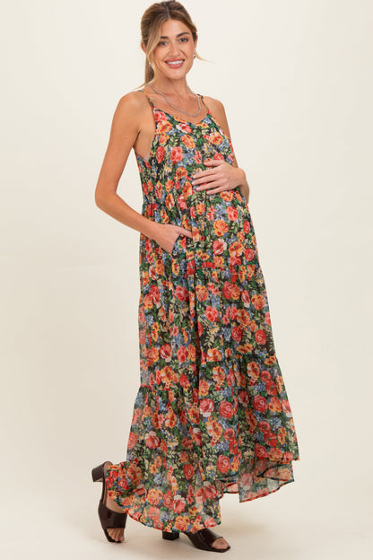 Black Floral Print V-Neck Tiered Maternity Maxi Dress