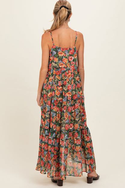 Black Floral Print V-Neck Tiered Maternity Maxi Dress