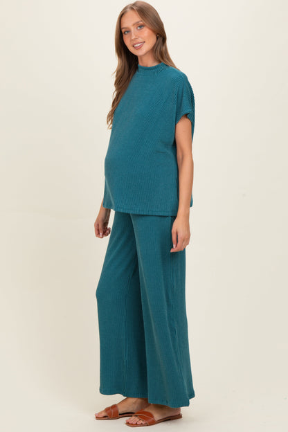 Teal Textured Rib Mock Neck Short Sleeve Pant Maternity Set
