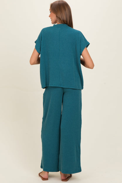 Teal Textured Rib Mock Neck Short Sleeve Pant Maternity Set