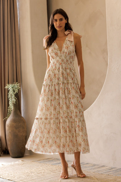 White Floral Shoulder Tie Deep V-Neck Tiered Maternity Maxi Dress