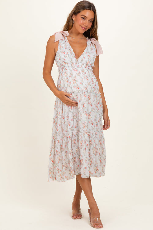 White Floral Shoulder Tie Deep V-Neck Tiered Maternity Maxi Dress