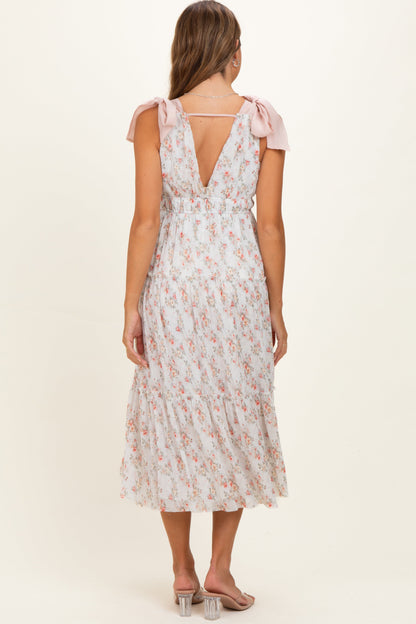White Floral Shoulder Tie Deep V-Neck Tiered Maternity Maxi Dress