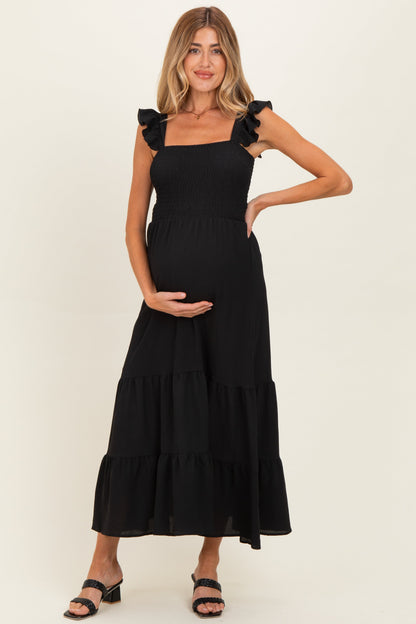 Black Ruffle Strap Smocked Maternity Maxi Dress