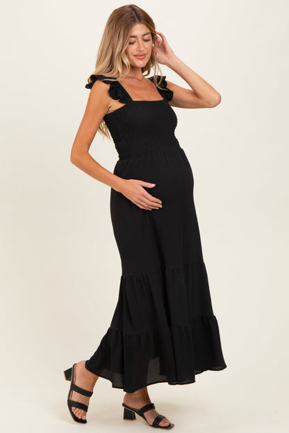 Black Ruffle Strap Smocked Maternity Maxi Dress