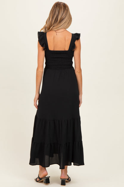 Black Ruffle Strap Smocked Maternity Maxi Dress