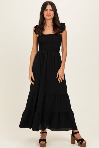 Black Ruffle Strap Smocked Maternity Maxi Dress
