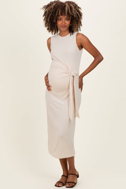 Beige Sleeveless Waist Tie Maternity Midi Dress