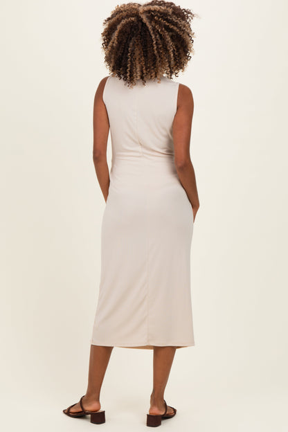 Beige Sleeveless Waist Tie Maternity Midi Dress