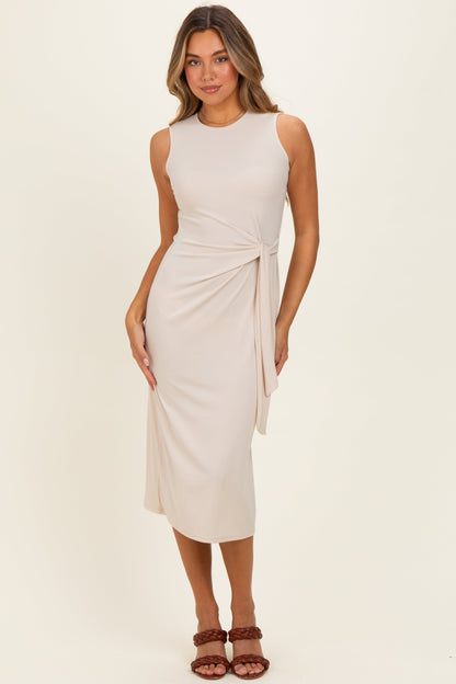 Beige Sleeveless Waist Tie Maternity Midi Dress