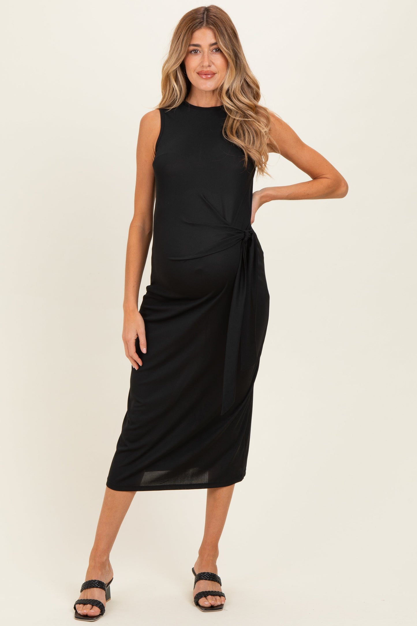 Black Sleeveless Waist Tie Maternity Midi Dress