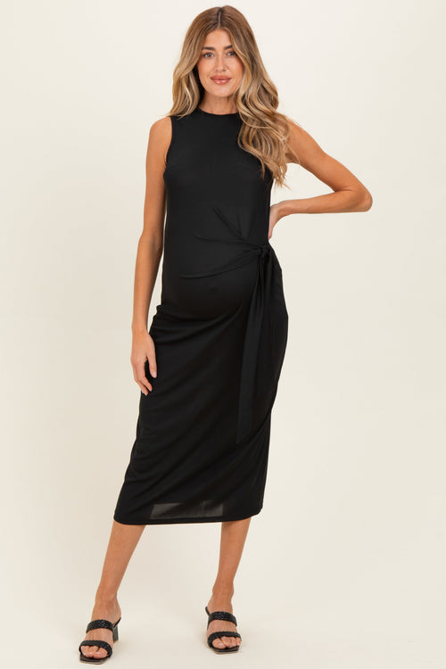 Black Sleeveless Waist Tie Maternity Midi Dress