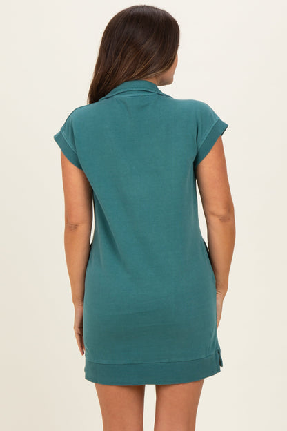 Teal Half Zip Up Mock Neck Maternity Mini Dress
