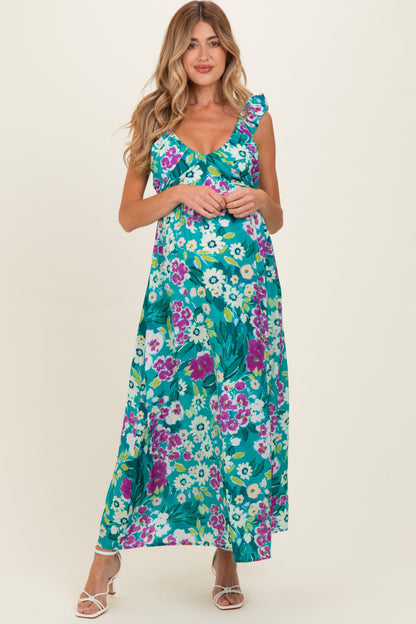 Teal Floral V-Neck Ruffle Strap Maternity Maxi Dress