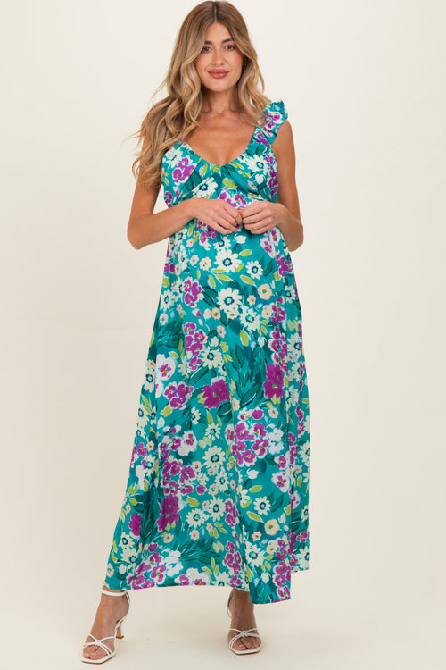 Teal Floral V-Neck Ruffle Strap Maternity Maxi Dress