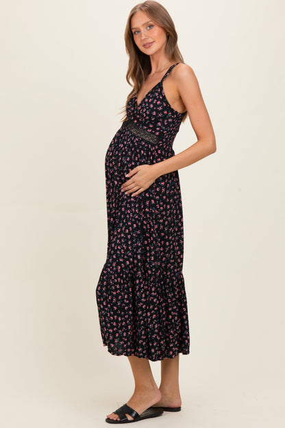 Black Floral Lace Detail Strappy Maternity Maxi Dress