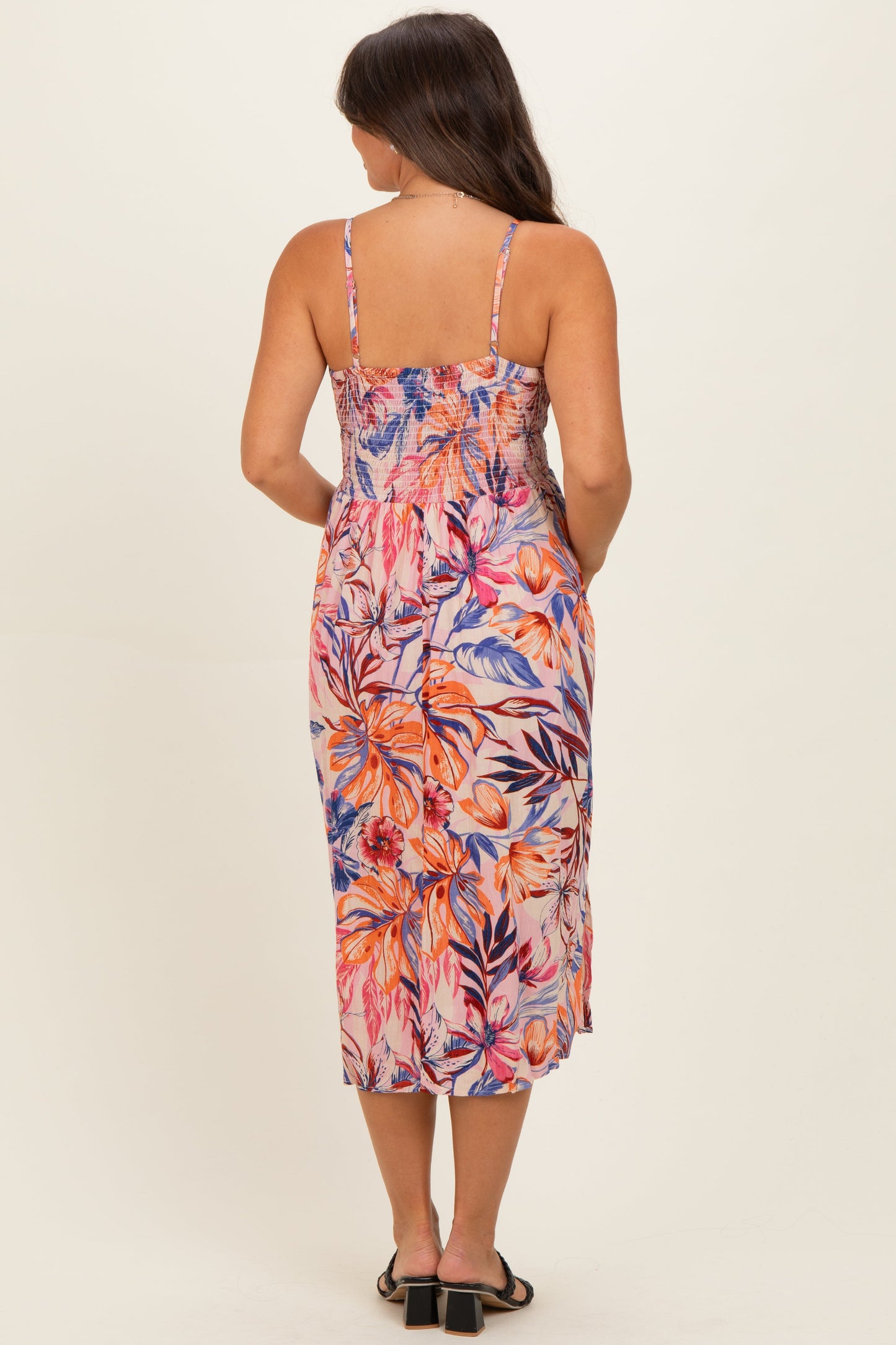 Pink Tropical Floral Twisted Front Cutout Maternity Midi Dress
