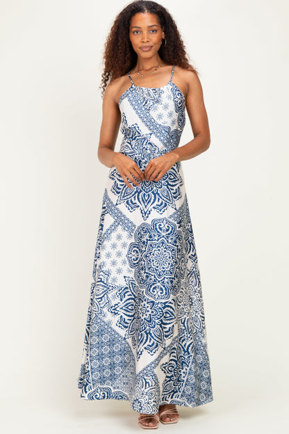Navy Satin Floral Crossback Maternity Maxi Dress
