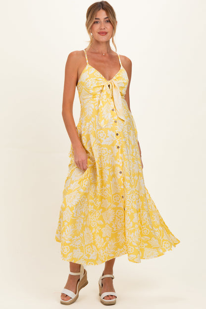 Yellow Floral Front Tie Racerback Maternity Midi Dress