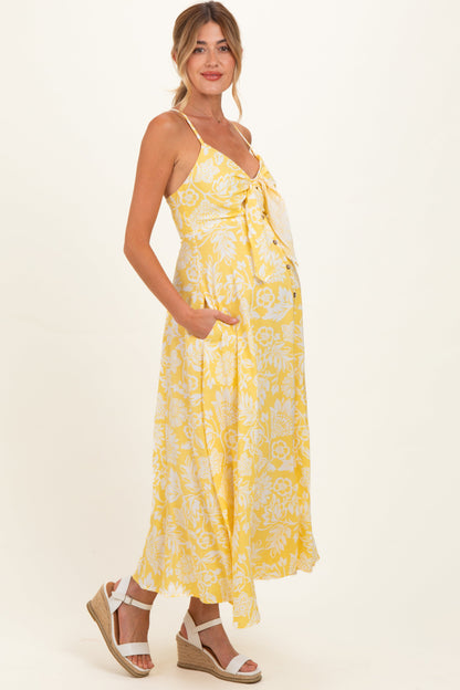 Yellow Floral Front Tie Racerback Maternity Midi Dress