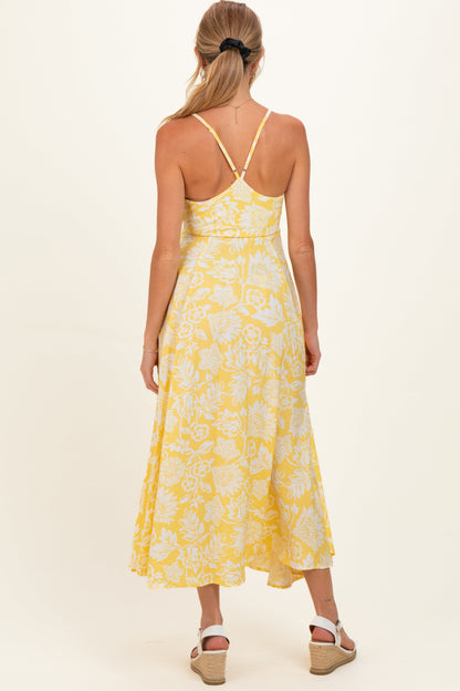 Yellow Floral Front Tie Racerback Maternity Midi Dress