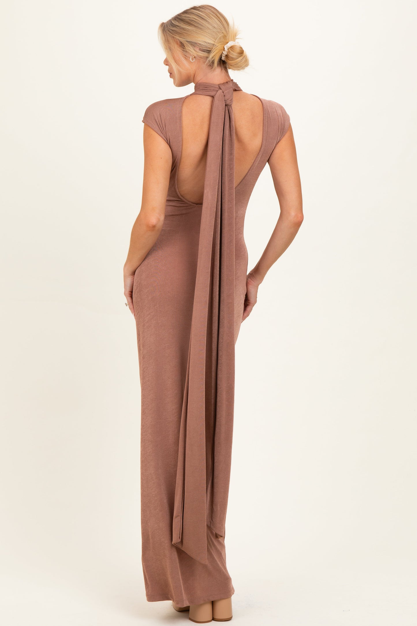 Brown Open Back Scarf Neck Maternity Maxi Dress
