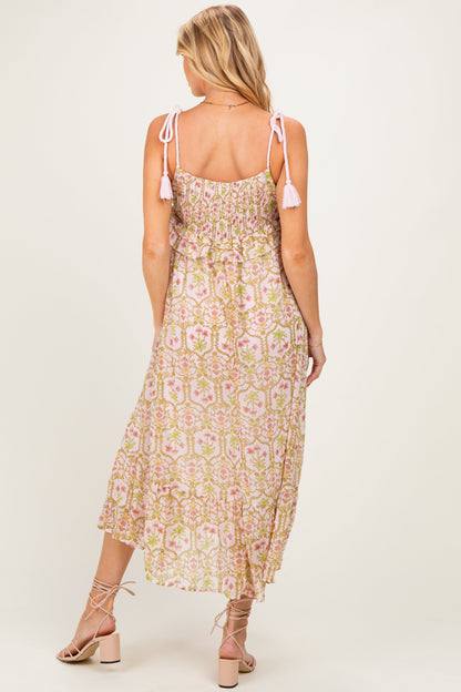 Light Pink Floral Tassel Strap Maternity Midi Dress