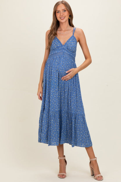 Blue Floral Lace Detail Strappy Maternity Maxi Dress