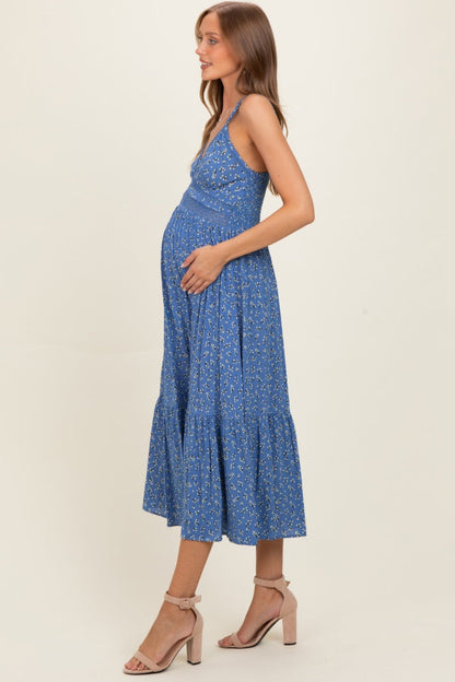 Blue Floral Lace Detail Strappy Maternity Maxi Dress