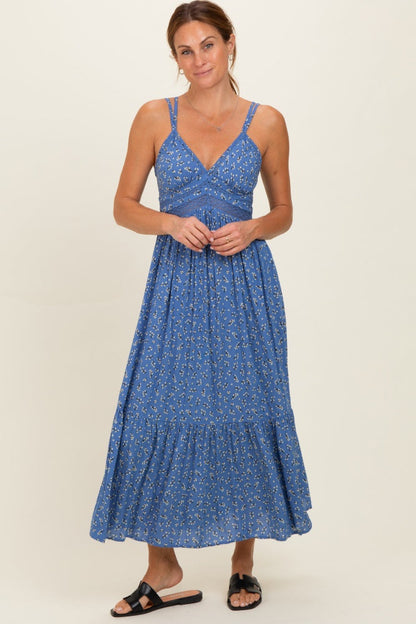 Blue Floral Lace Detail Strappy Maternity Maxi Dress