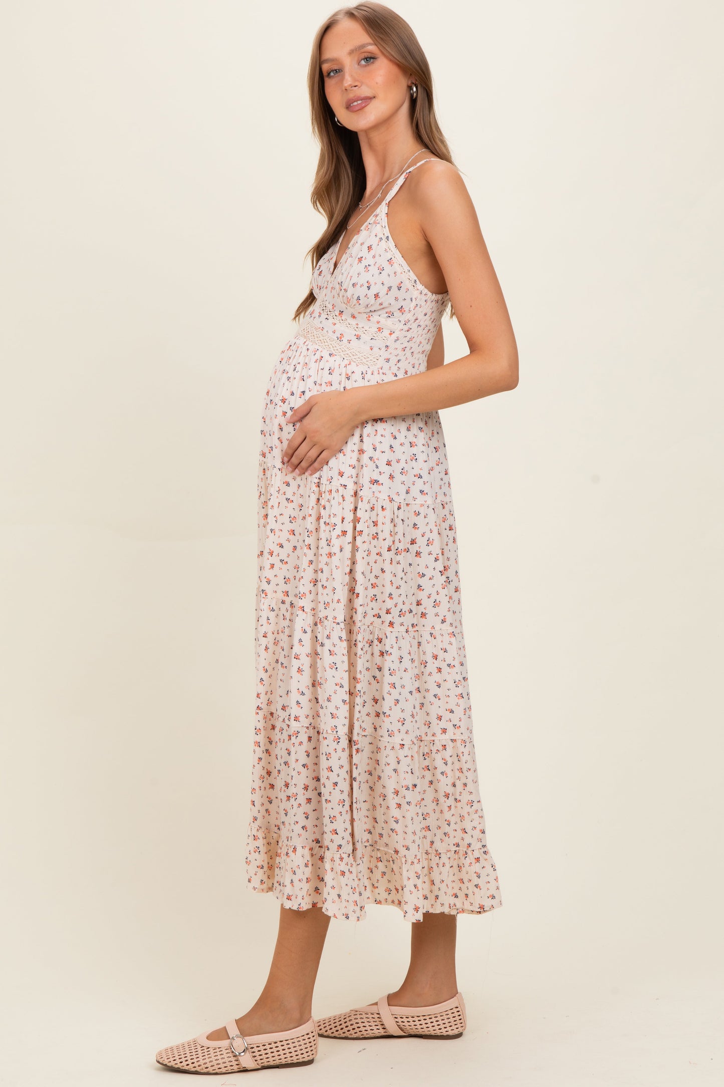Ivory Printed Lace Inset Tiered Maternity Maxi Dress