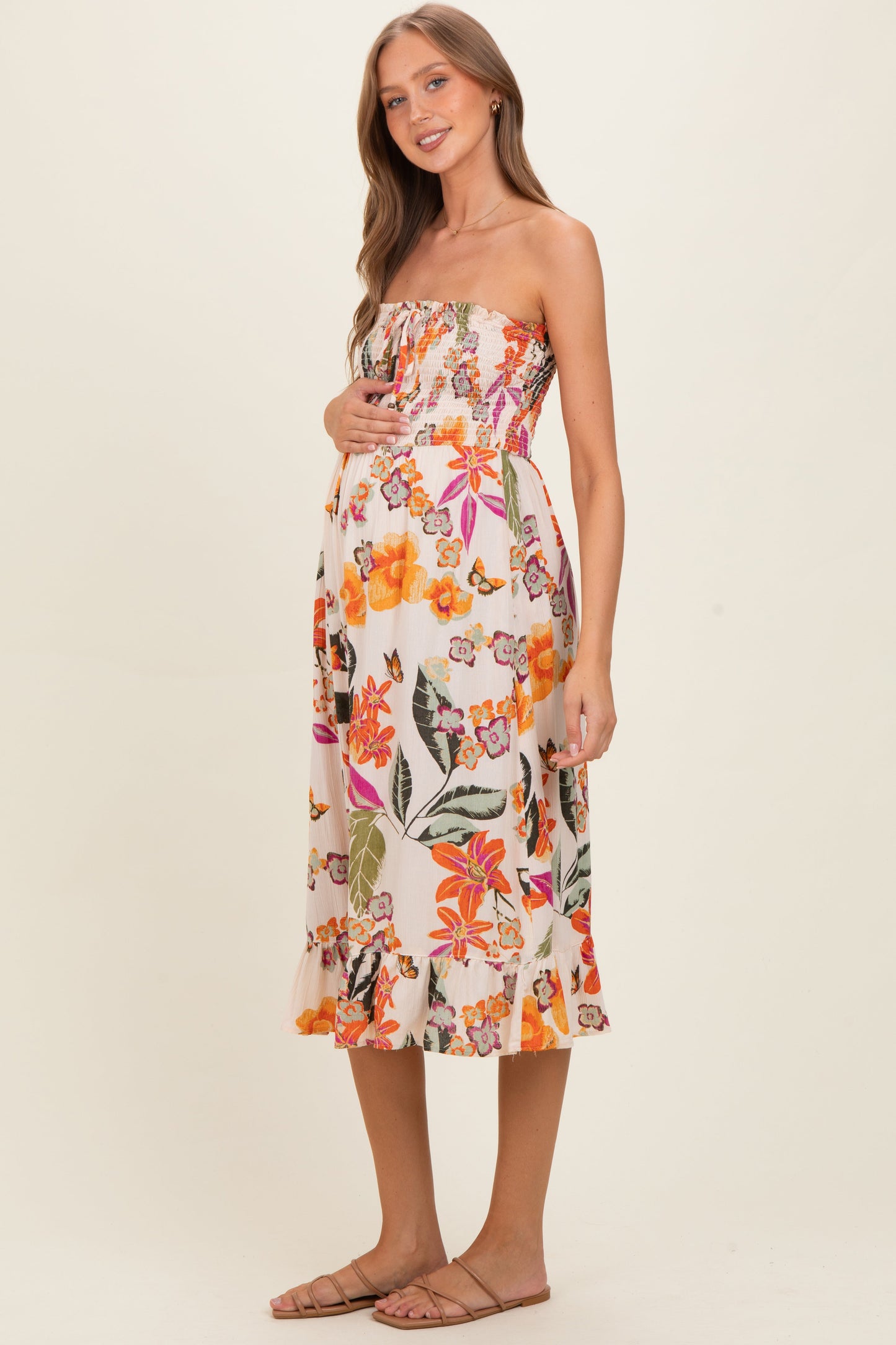 Ivory Smocked Bodice Strapless Printed Maternity Midi Dress