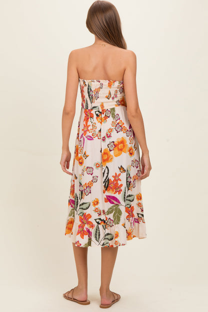 Ivory Smocked Bodice Strapless Printed Maternity Midi Dress