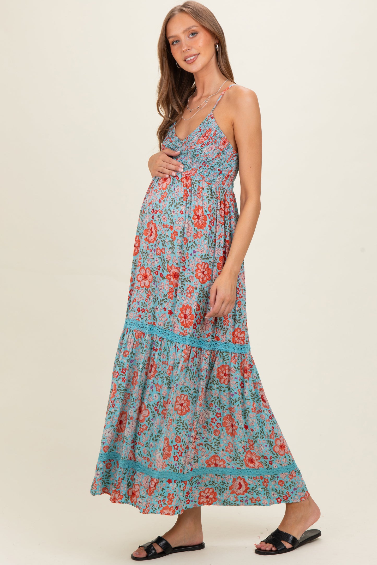 Mint Smocked Bust V Neck Lace Trim Maternity Maxi Dress