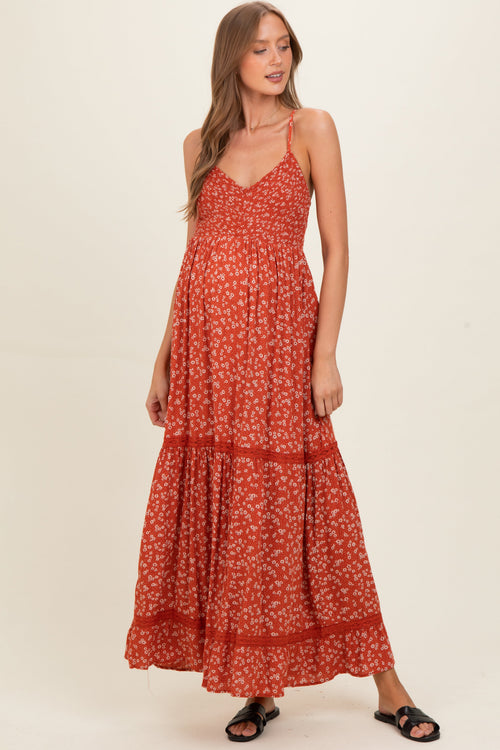 Rust Smocked Bust V Neck Lace Trim Maternity Maxi Dress