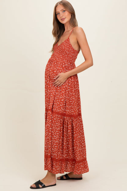 Rust Smocked Bust V Neck Lace Trim Maternity Maxi Dress