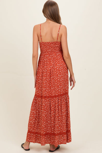 Rust Smocked Bust V Neck Lace Trim Maternity Maxi Dress