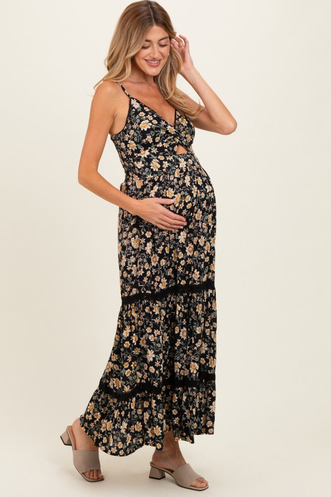 Black Floral Twisted Front Lace Detail Maternity Maxi Dress