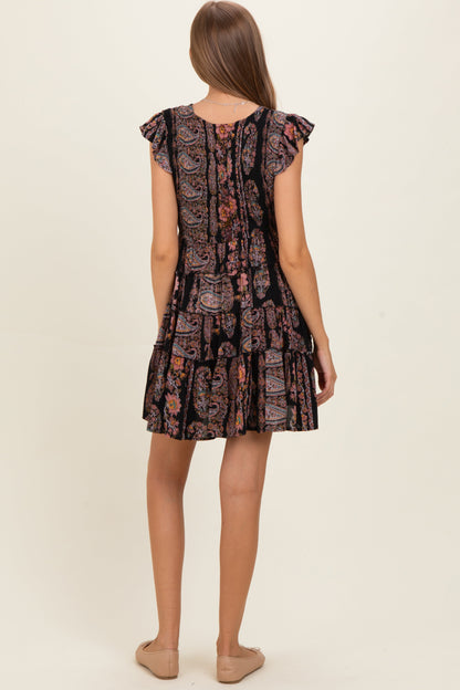 Black V Neck Smocked Bodice Flutter Sleeve Maternity Short Dress