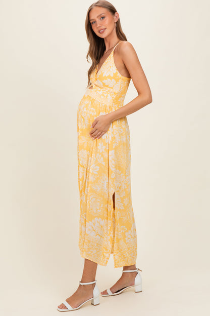 Yellow Floral Twisted Front Maternity Maxi Dress