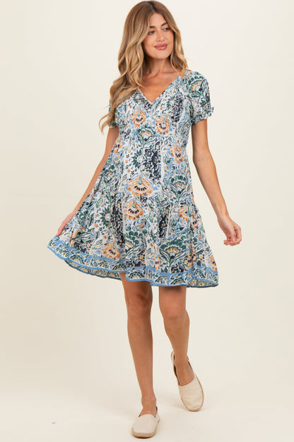 Blue Green Floral Smocked V-Neck Puff Sleeve Maternity Dress