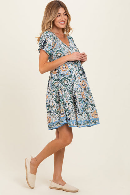 Blue Green Floral Smocked V-Neck Puff Sleeve Maternity Dress