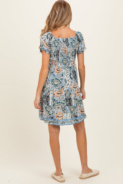 Blue Green Floral Smocked V-Neck Puff Sleeve Maternity Dress
