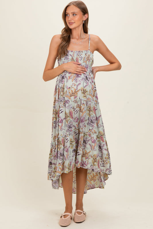 Celedon Smocked Bust Tiered Slight Hi Lo Hem Maternity Maxi Dress