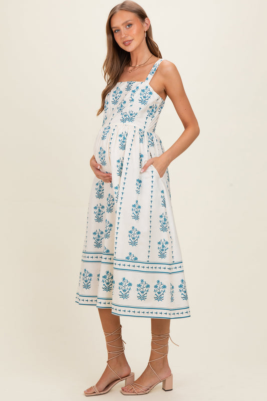 Cream Floral Square Neck Maternity Midi Dress