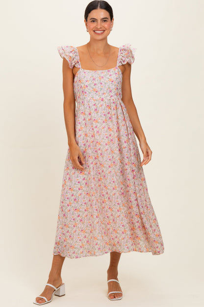 Blush Floral Ruffle Strap Maternity Midi Dress